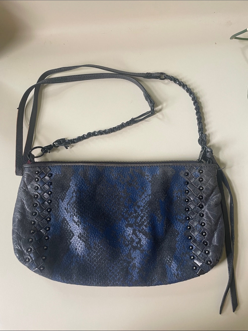Women's Elliott Lucca Navy Blue Snake-Effect Crossbody Bag with Studded Trim